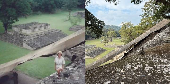Vue des ruines mayas dans un cadre forestier avec un visiteur au premier plan.