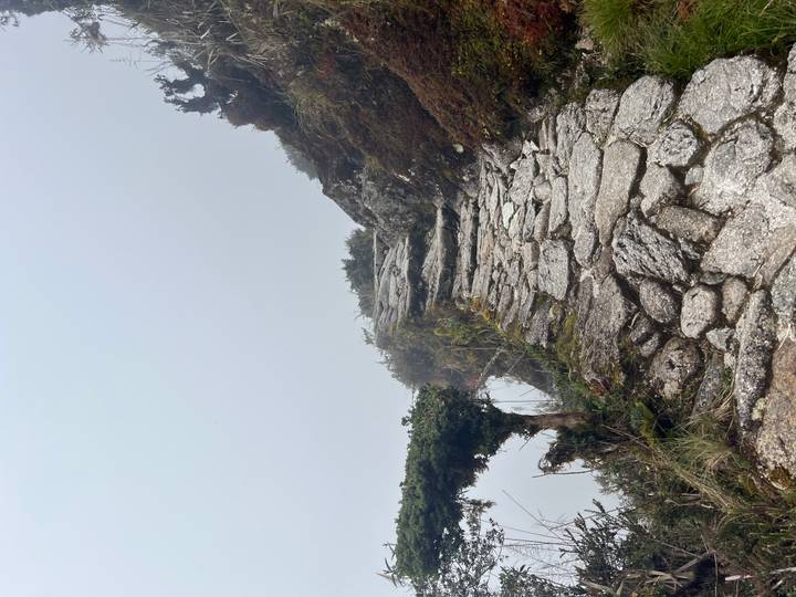 Ein Steinweg, der einen von Nebel umgebenen Berg hinaufführt.