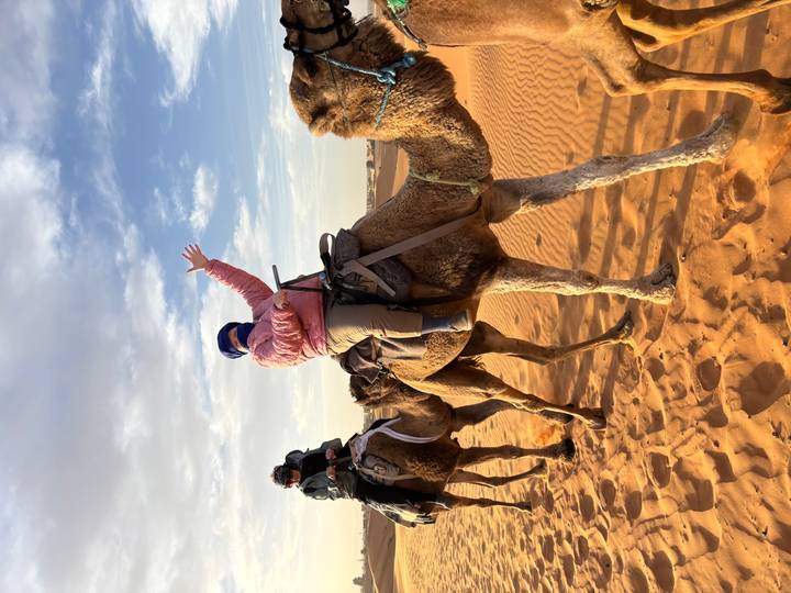People riding camels on a sand dune in a desert.