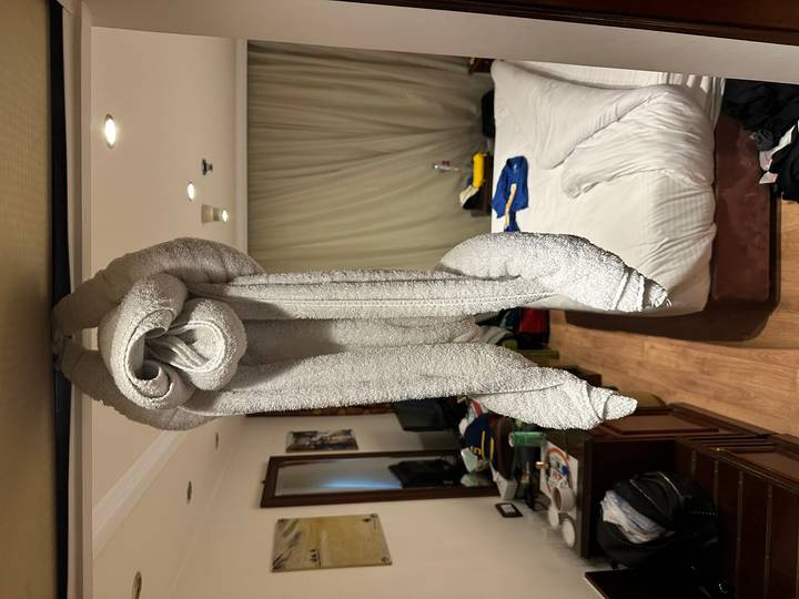 Hotel room with a towel animal hanging from the ceiling rail above an unmade bed