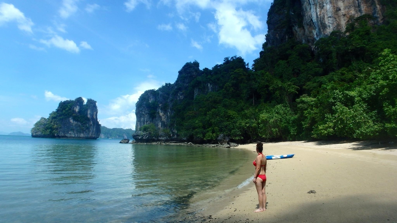 Une personne seule se tenant sur une plage et regardant les falaises de calcaire et la mer.
