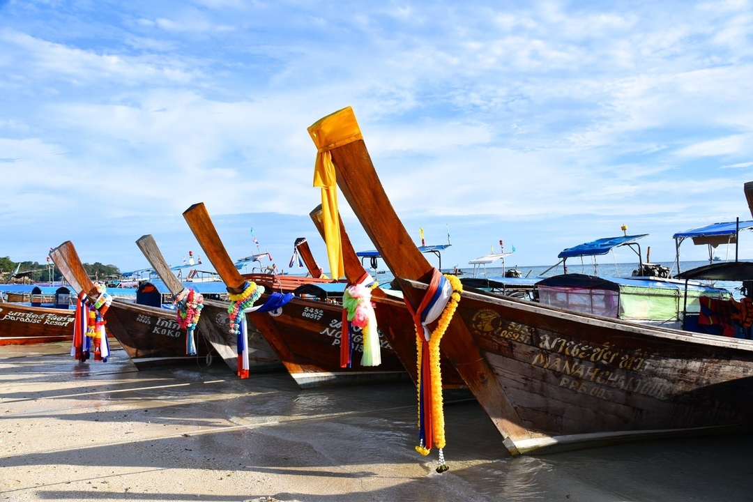 Bateaux à longue queue amarrés sur une plage.