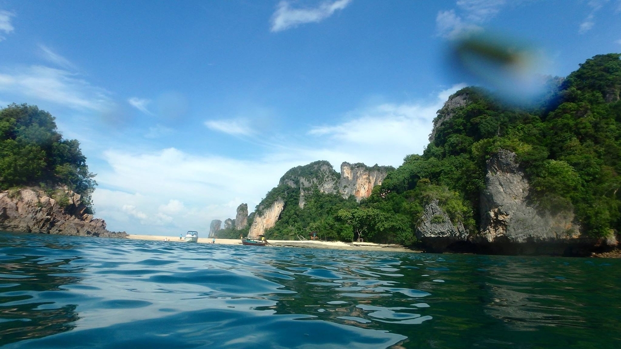 Vue d'une plage et de falaises calcaires depuis l'eau.