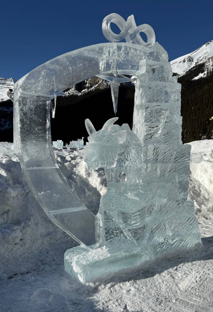 A detailed ice sculpture of a mountain goat glistens in bright winter sunlight.