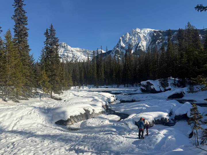 A snowy forest river winds beneath jagged mountains and a clear blue winter sky.