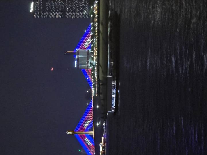Night view of an illuminated cable-stayed bridge with blue and red lights spanning a dark river.