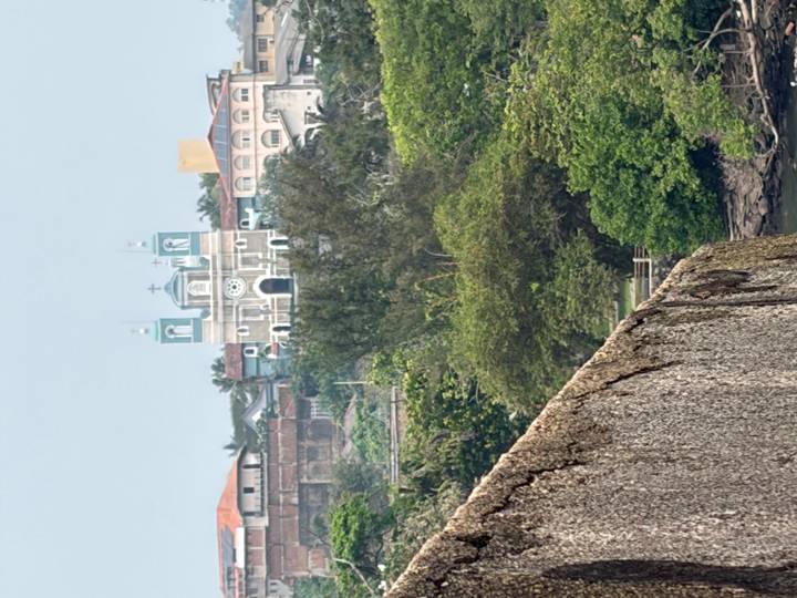 Distant view of a pastel-green church tower rising above lush tropical vegetation and colonial rooftops, seen from atop an old stone fort wall.