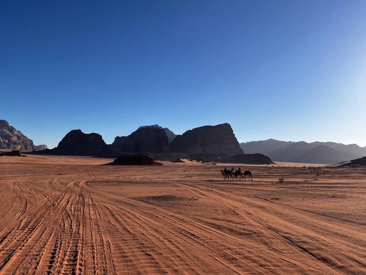 Vast red-sand expanse of Wadi Rum with distant camels and dramatic rock formations under a clear sky.