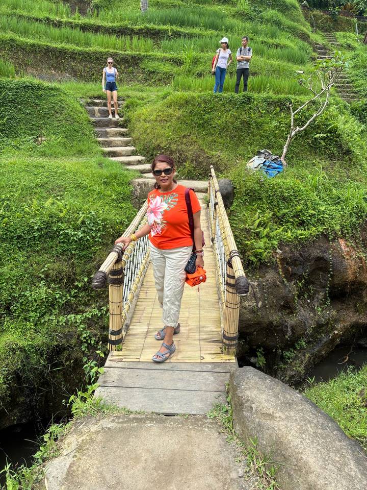 Woman in bright outfit standing on a small bamboo bridge amid lush green vegetation.