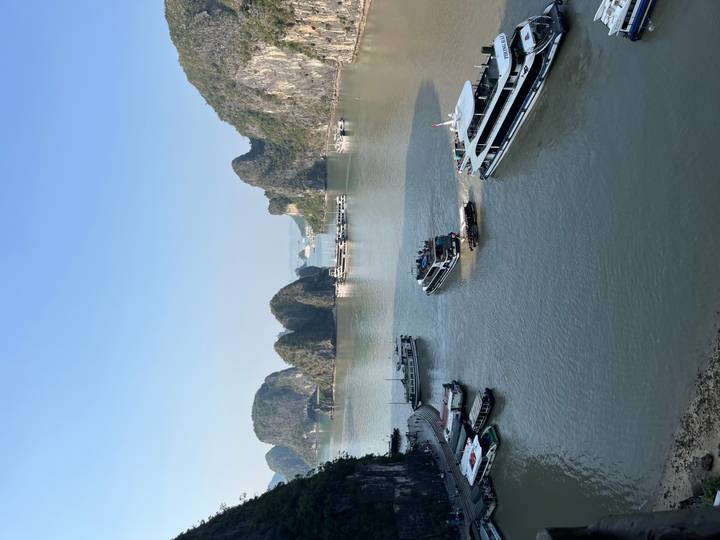 Midday view of Ha Long Bay with multiple tourist boats navigating around limestone islets.
