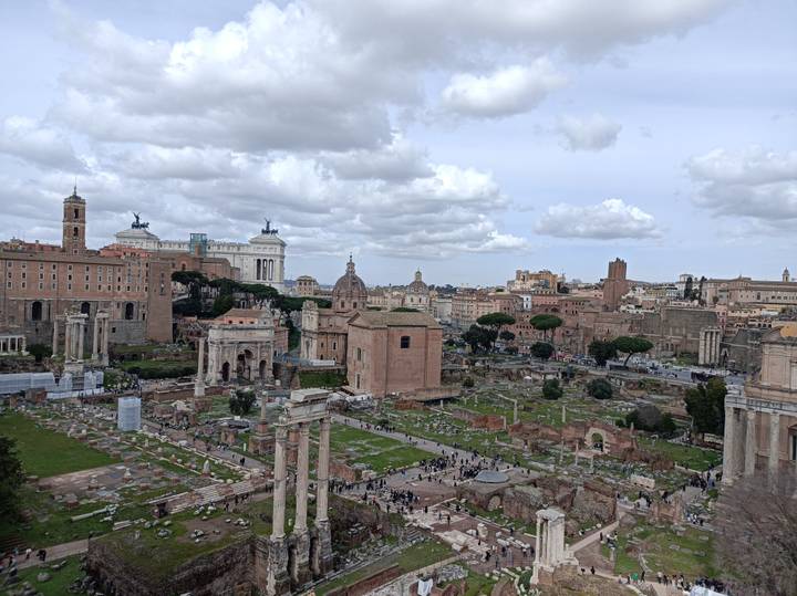 Wider skyline view of ancient Roman Forum ruins with broken columns and overcast weather.
