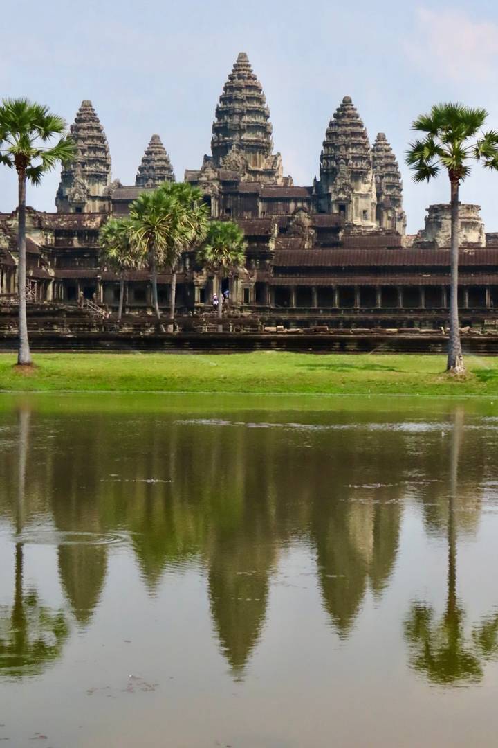 Broad moat reflecting ancient stone temple complex with tall palms on the bank.