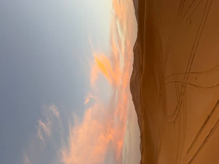 Soft pastel sunset over smooth sand dunes with vehicle tracks leading into the Sahara.
