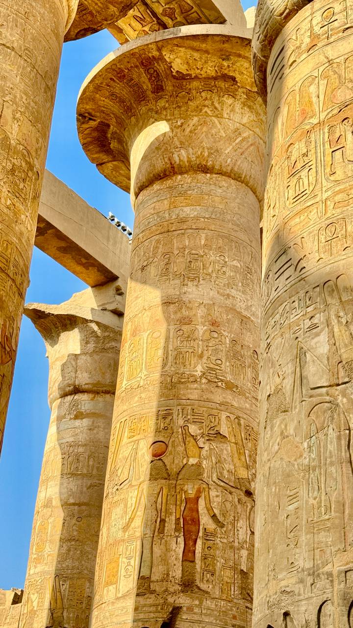 Sunlit stone columns of an ancient Egyptian temple covered in detailed hieroglyphs against blue sky.