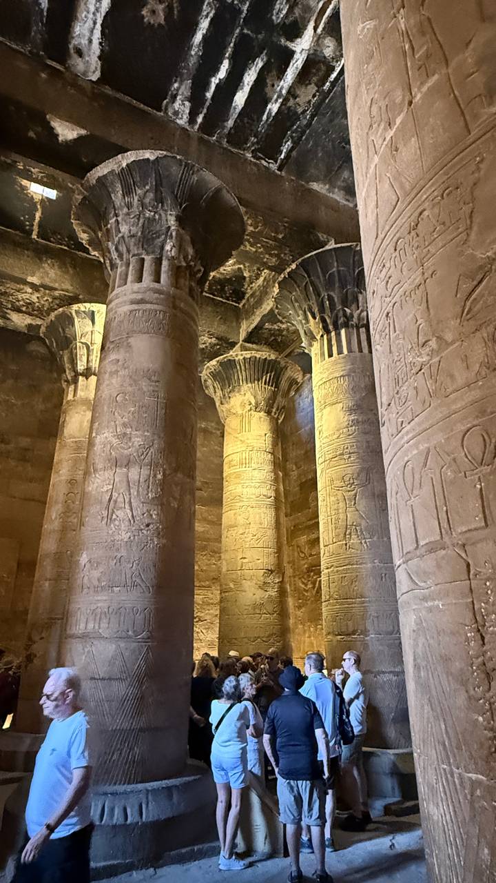Interior view of massive stone columns covered in hieroglyphs, softly lit inside an ancient temple hall.