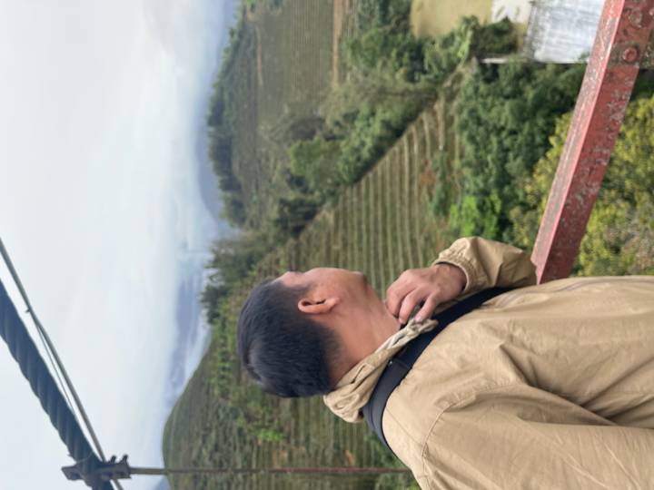 Man gazes over layered rice terraces and misty hills from a wooden bridge railing.