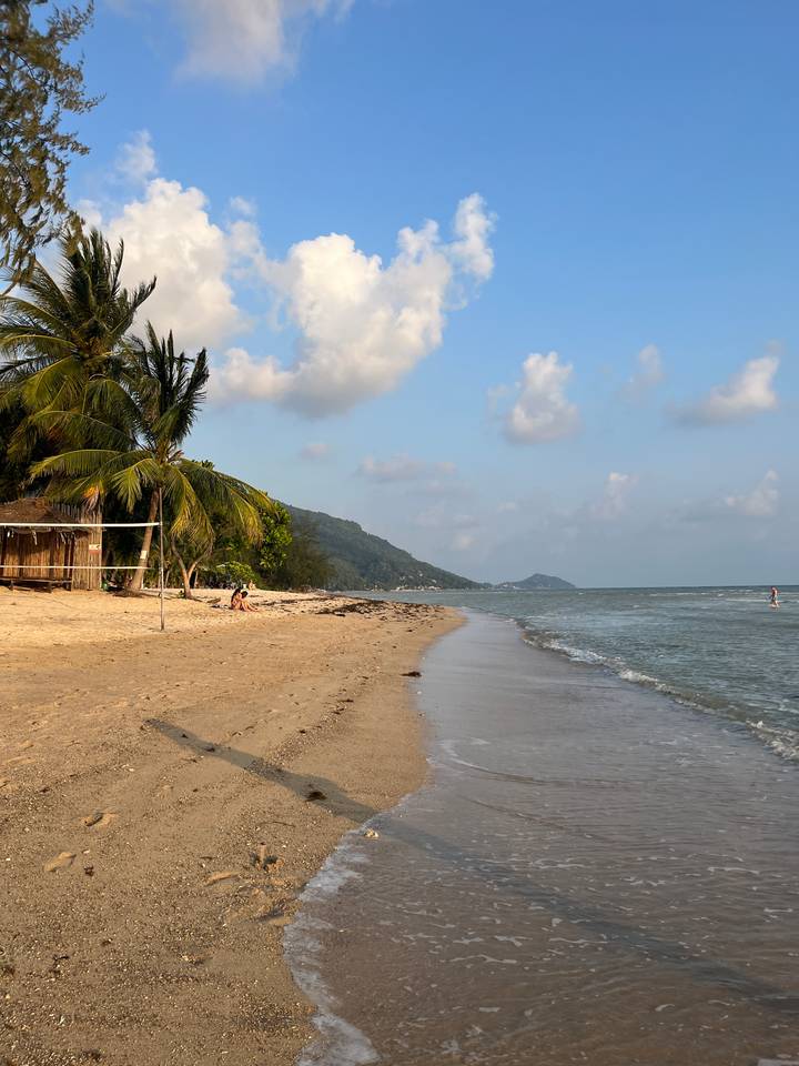 Quiet sandy beach edged with palm trees and a simple volleyball net, with gentle waves and hills in the distance on Koh Phangan.