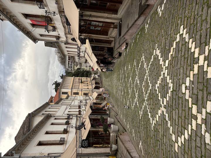 Cobblestoned pedestrian street lined with historic Balkan buildings and quaint shops.