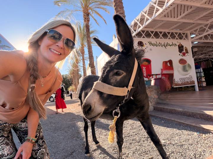 Woman smiling next to a friendly black donkey outside a roadside kiosk