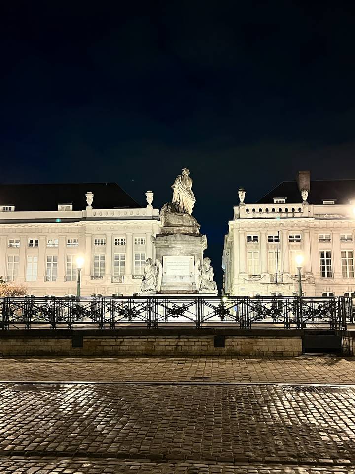 Nighttime view of an illuminated statue flanked by classic buildings in a European square.