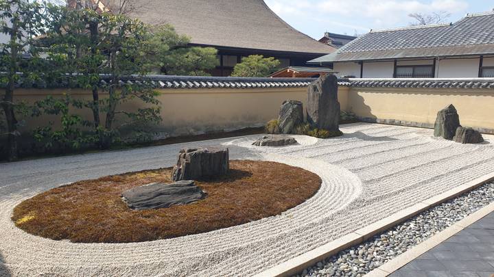Zen rock garden with meticulously raked gravel patterns and standing stones in Kyoto.