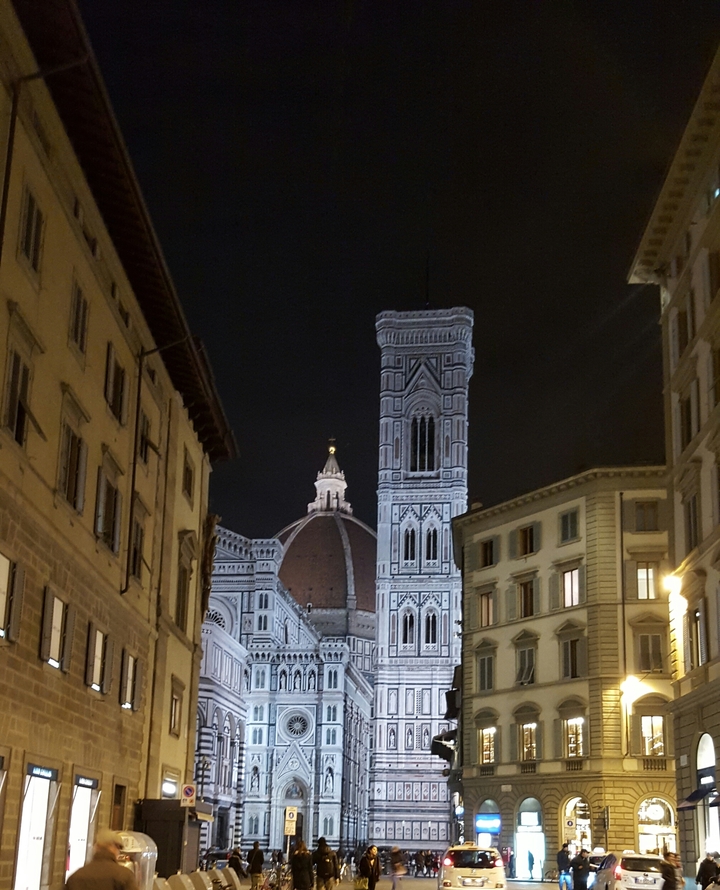 Florence Cathedral illuminated at night.