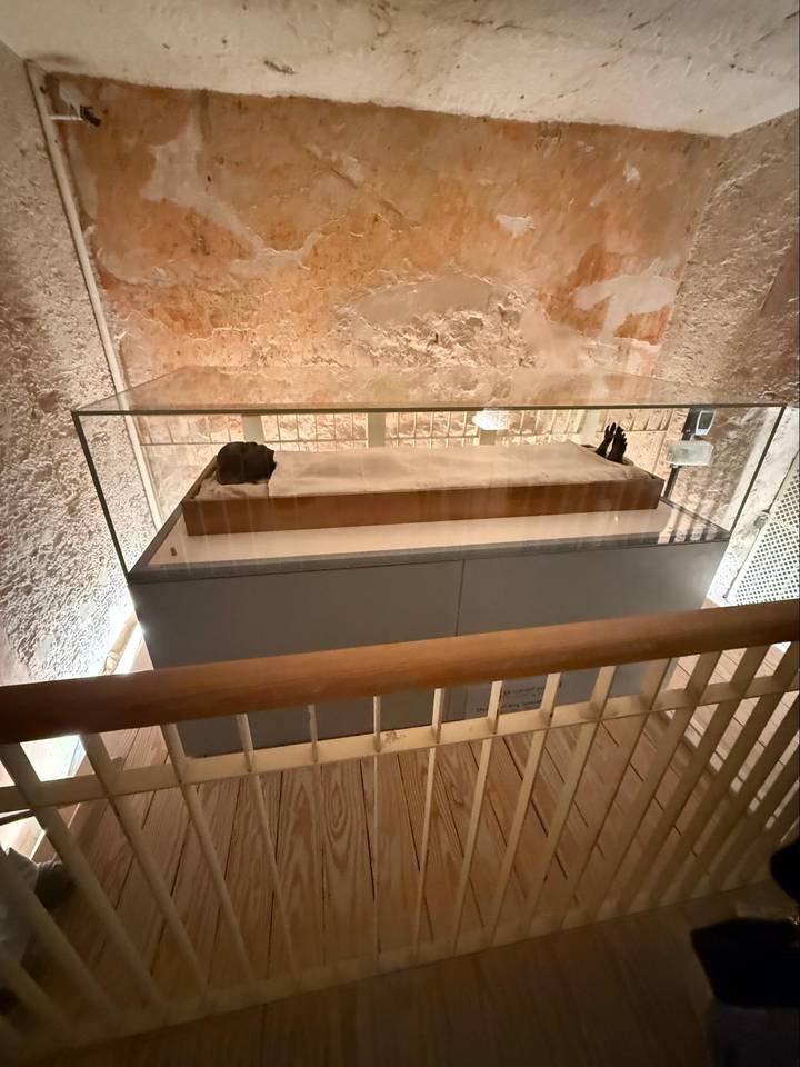 Glass case displaying mummified remains inside dimly lit Egyptian tomb.