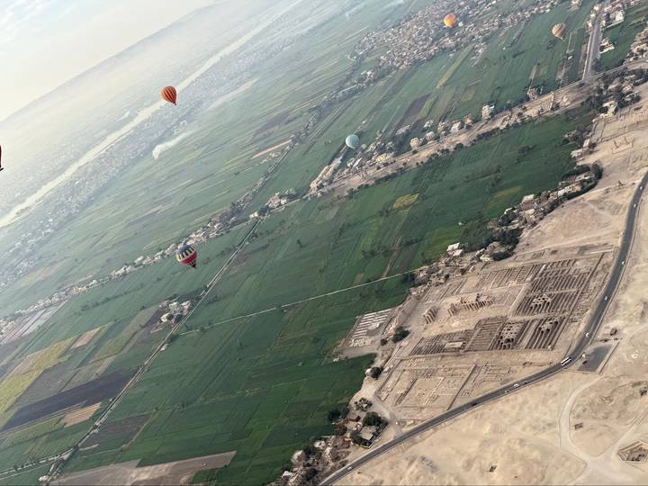 Tilted aerial view of green farmlands near Luxor with colorful hot-air balloons floating above.