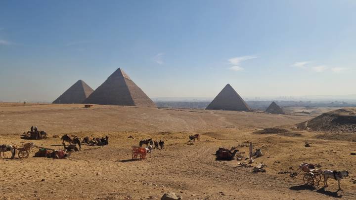 Expansive desert scene with the Great Pyramids of Giza and camel carts scattered across the sandy foreground.