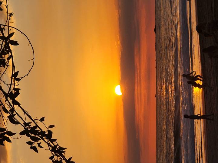 Golden sunset over the Pacific with children playing on the beach in silhouette