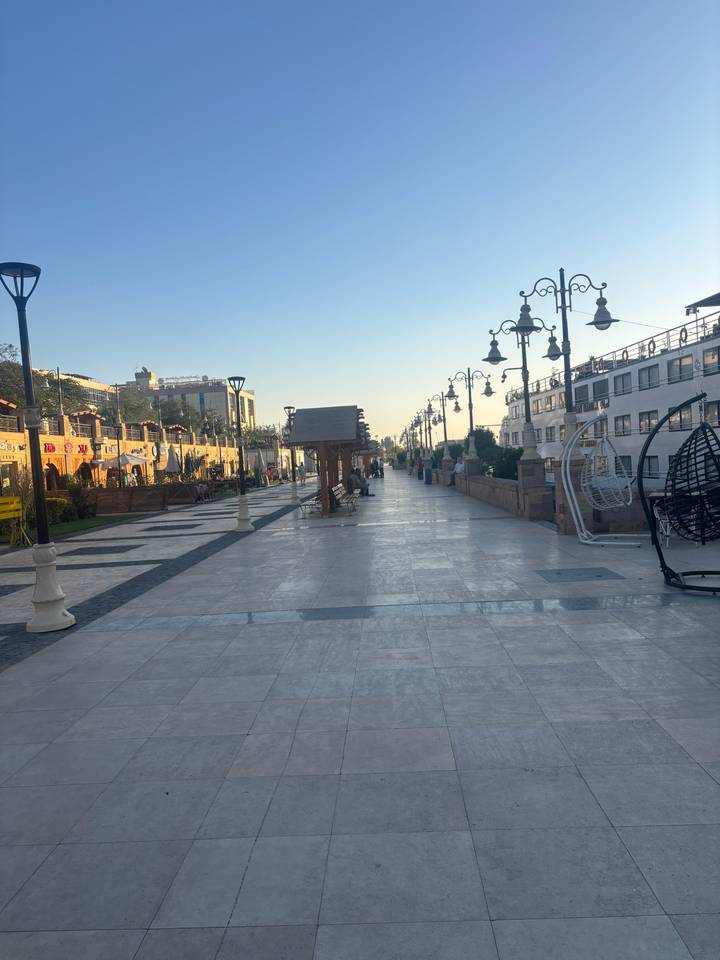 Paved river promenade lined with cruise boats and lamp posts in early morning light