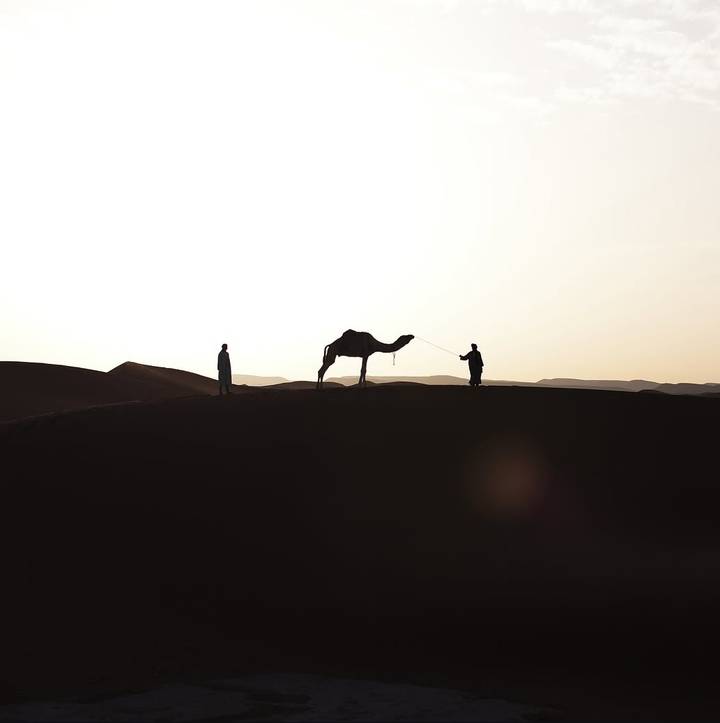 Silhouettes of two people lead a camel along a high dune against a glowing desert sunrise sky.
