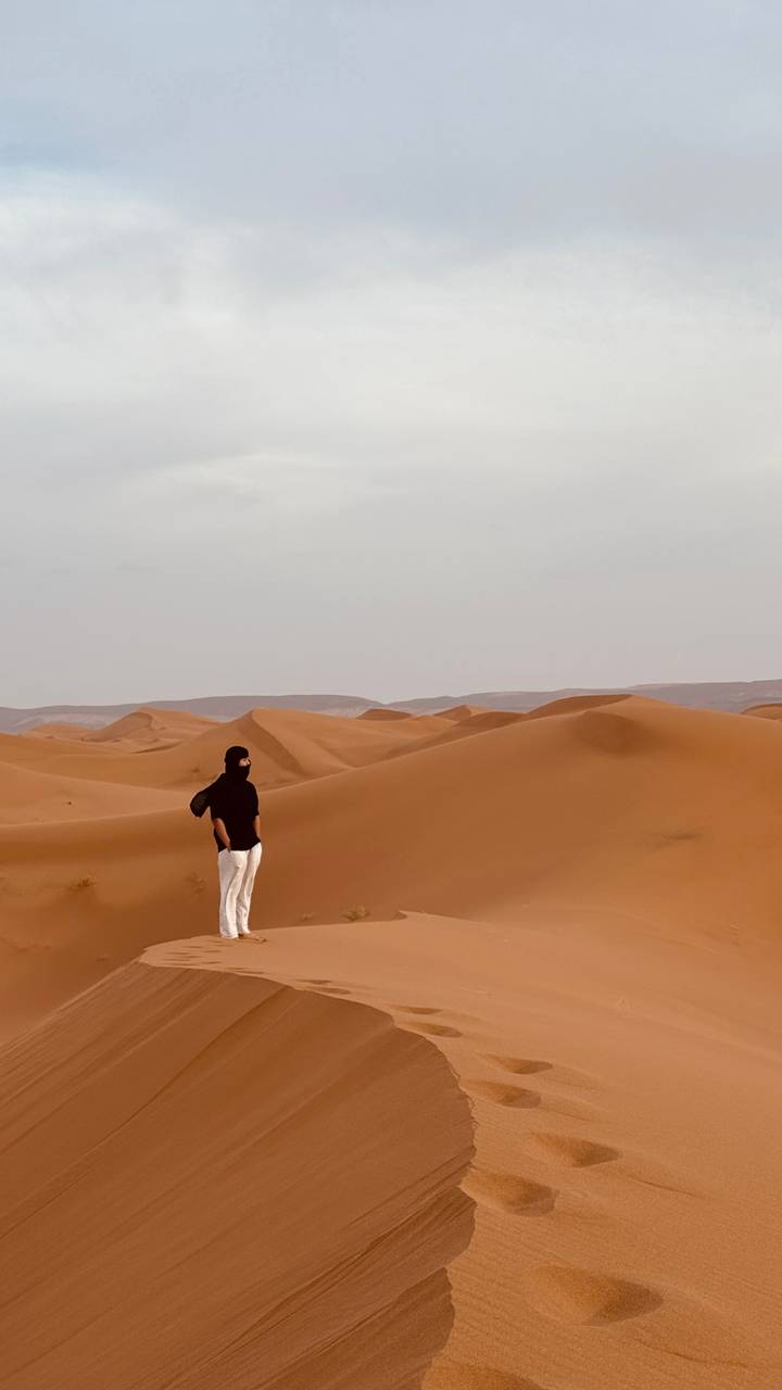 A lone traveler wearing a black top stands on sweeping orange sand dunes under a hazy sky.