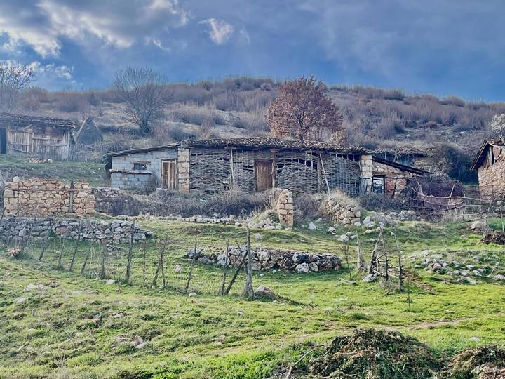 Rural hillside with stone fences and old wattle farmhouse amid winter-brown shrubs and grass.