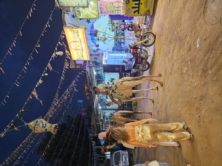 Nighttime street scene with camels, market lights, bunting and tourists milling about in a lively bazaar.