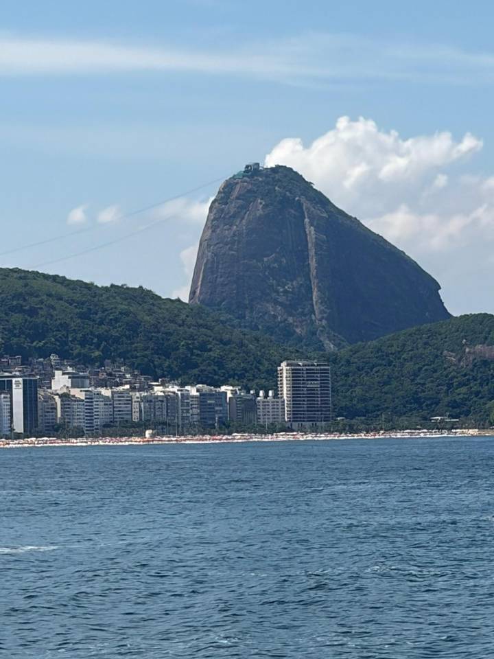 Coastal skyline with Copacabana beachfront backed by the imposing Sugarloaf Mountain.