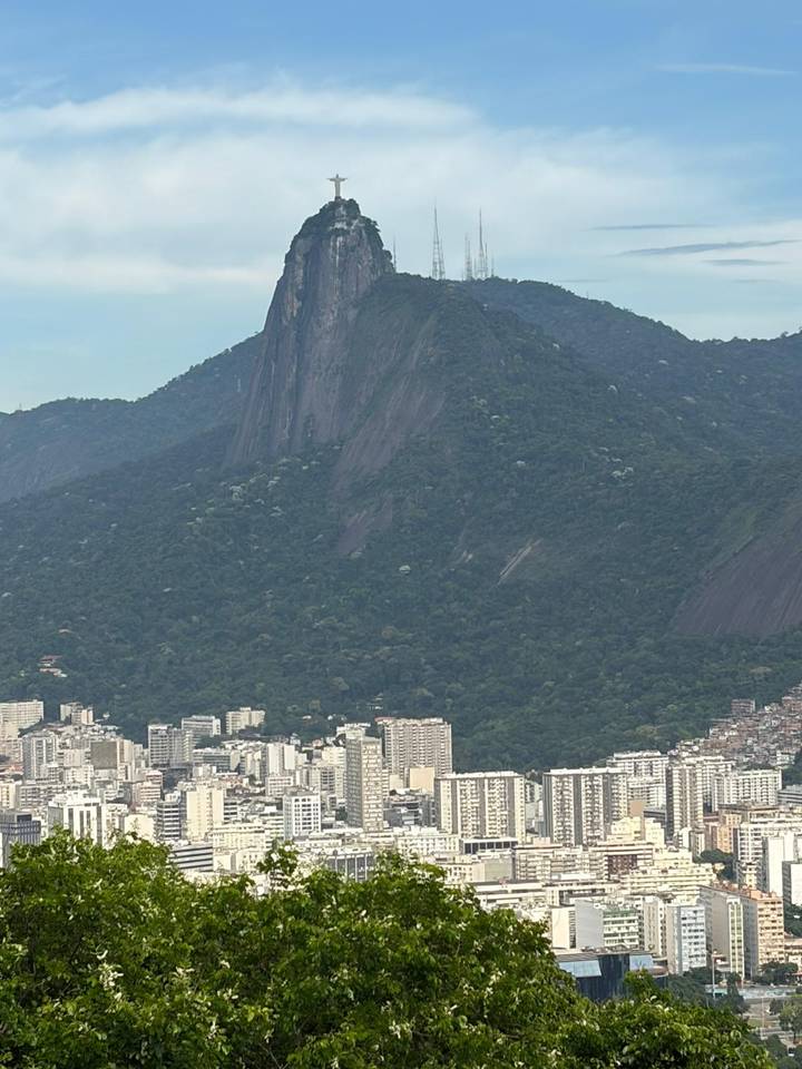 Verdant forested mountain rising behind Rio's urban fringe under muted light.