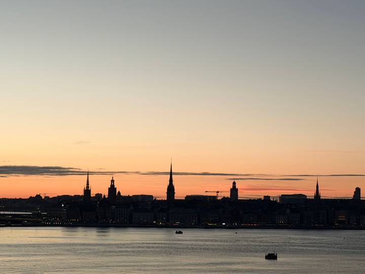 Distant silhouette of Stockholm's spires at dawn with pastel sky reflecting on the harbour.