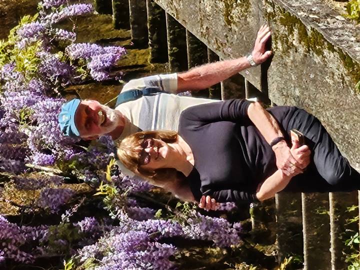 Smiling mature couple standing on stone steps surrounded by blooming wisteria vines.