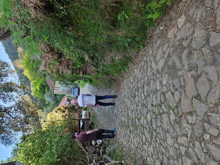 Two men walk up a narrow cobblestone lane bordered by greenery and stone cottages.