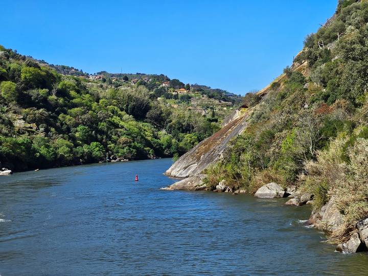 Narrow river bends past steep, forested cliffs in bright spring sunlight.