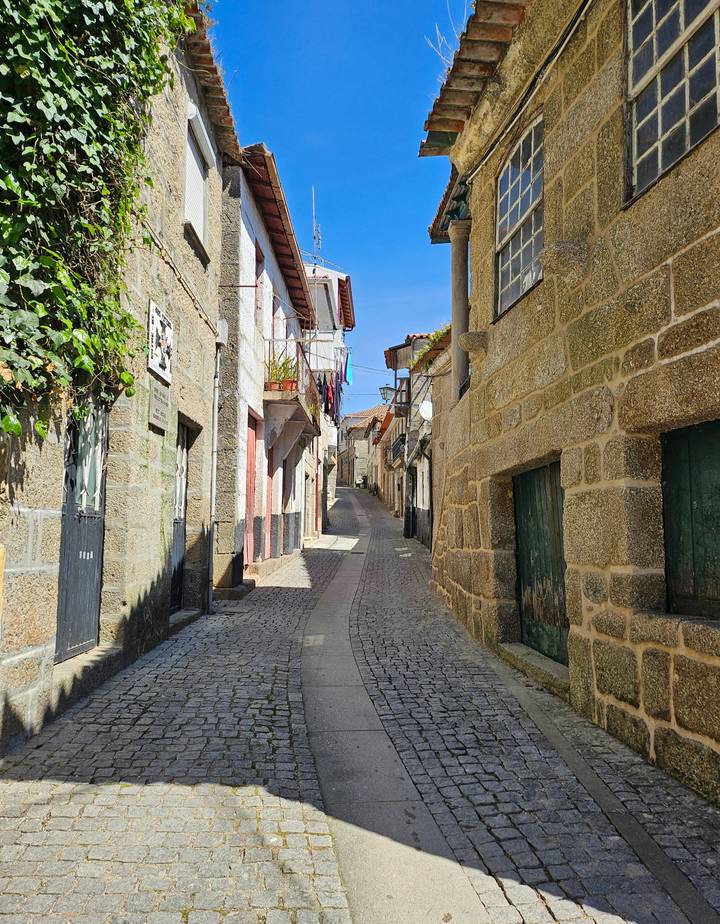 Narrow stone-paved alleyway in a traditional Portuguese village lined with rustic houses.