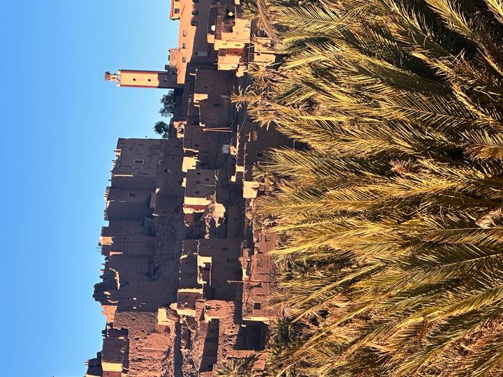 Earthen kasbah structures of Ait Benhaddou rising above a palm grove under clear blue sky