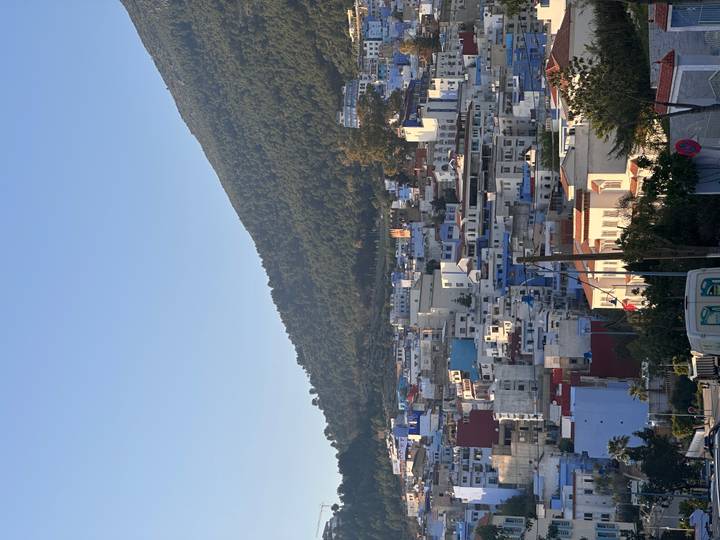Hillside Moroccan town with colorful cube houses beneath a forested mountain ridge
