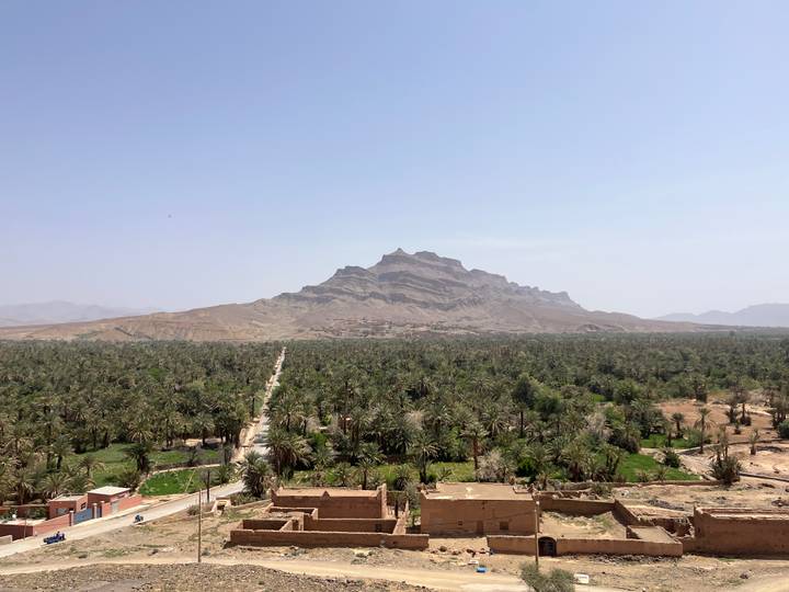 Wide vista of a lush palm oasis below a striking mesa in the Moroccan desert