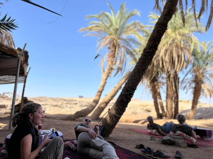 Travellers relax on mats beneath leaning palm trees at a desert camp, shallow depth of field blurs background.