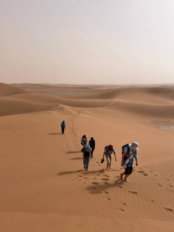 Hikers crest a sand dune in a vast sea of golden desert, leaving a trail of footprints behind.