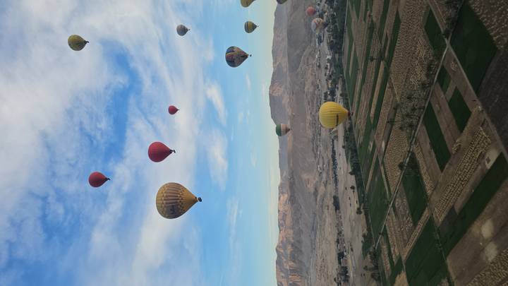Dozens of colourful hot-air balloons drift above Luxor’s Nile Valley farmland at sunrise.