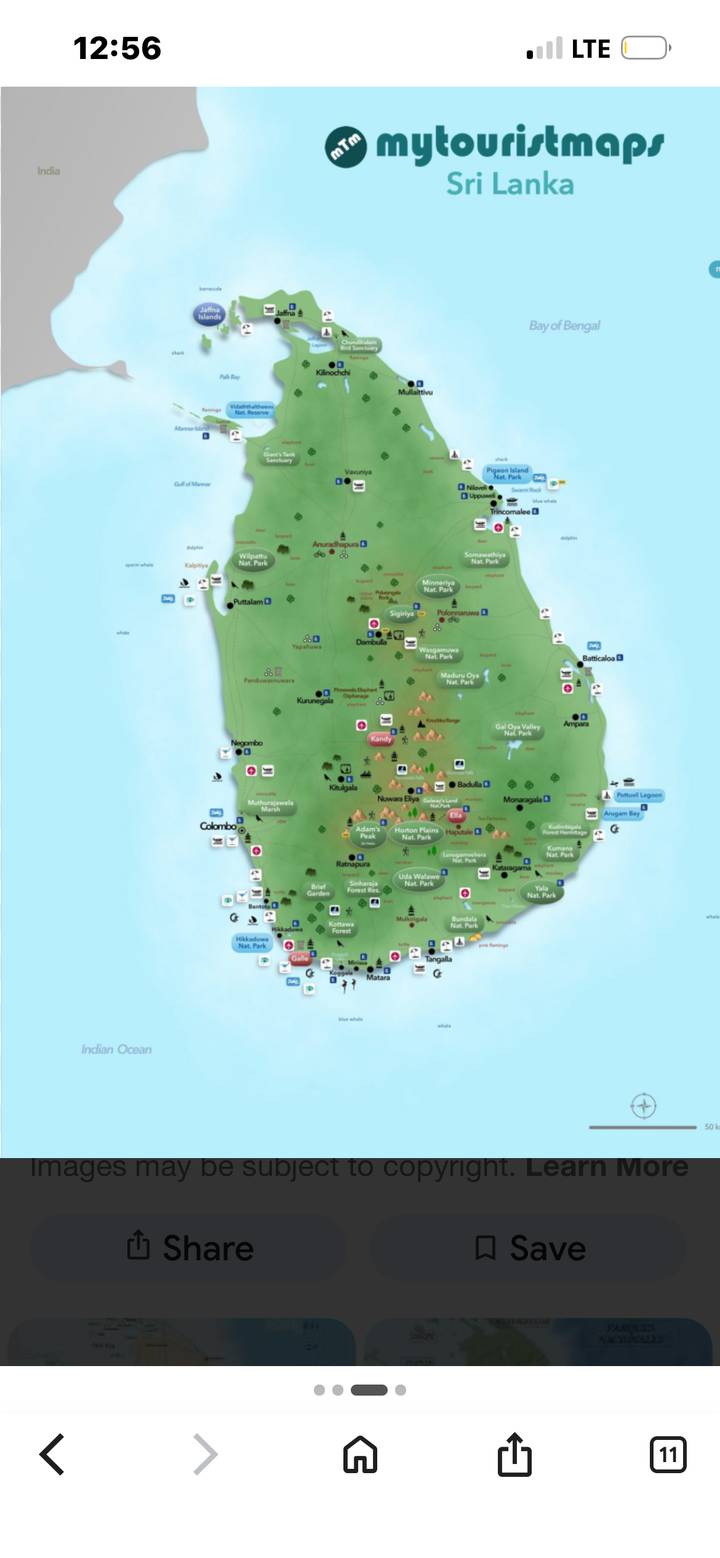 Colourful illustrated tourist map of Sri Lanka highlighting towns, parks and attractions.
