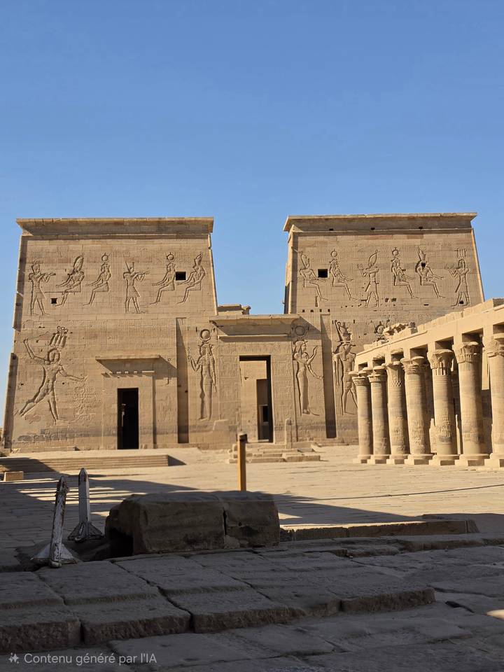 Twin pylons and colonnade of an island temple covered in sun-bleached reliefs under a deep blue sky.